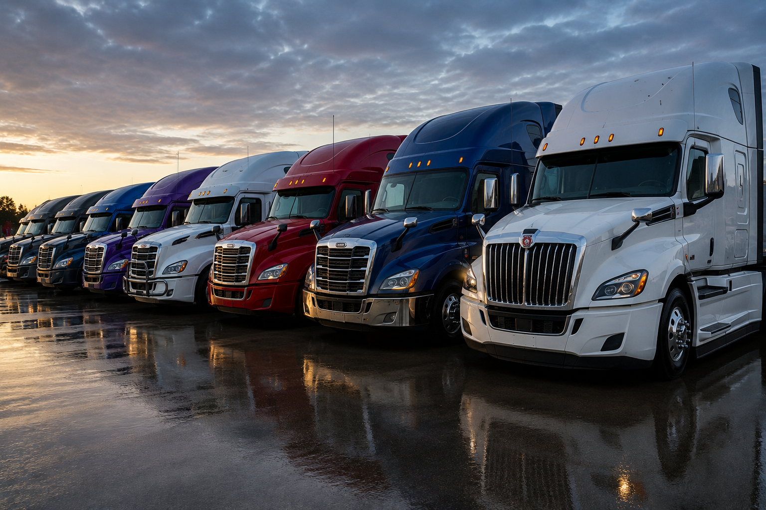 Fleet of semi trucks parked in a row at a carrier yard at dawn