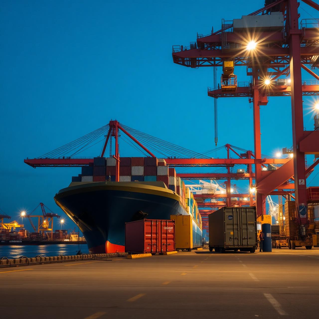 Container ship being loaded by a gantry crane at a port terminal at blue hour
