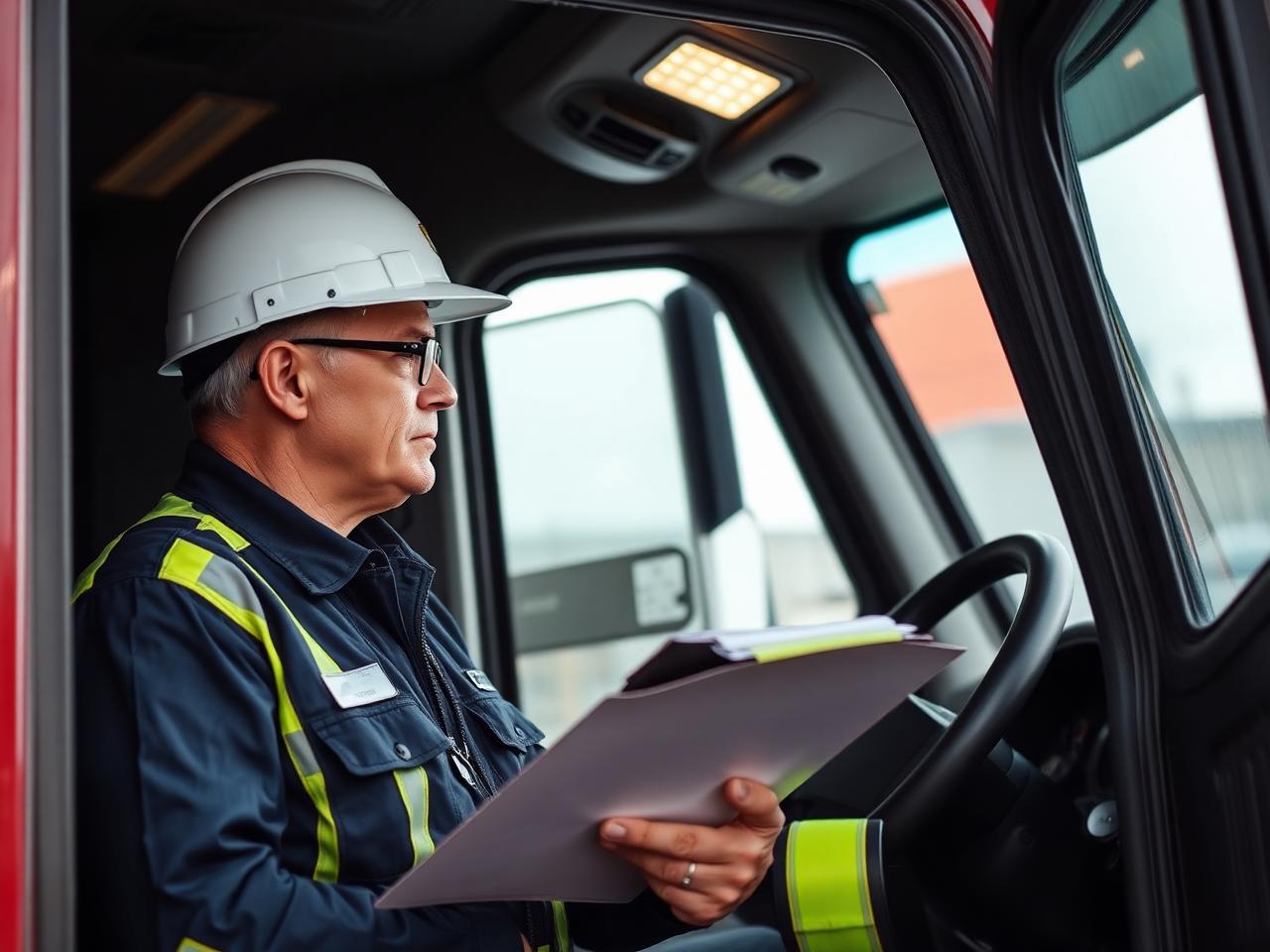 Driver performing a pre-trip equipment inspection